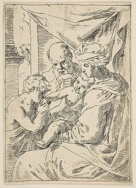 Holy Family with Saint John the Baptist kissing the infant Christ's hand, copy in reverse after Cantarini by Simone Cantarini depicting Matthew 3
