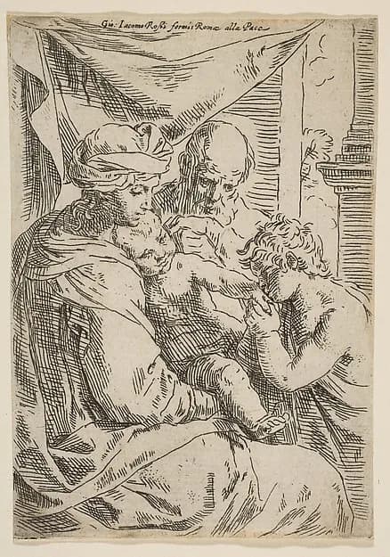 Holy Family with Saint John the Baptist kissing the infant Christ's hand by Simone Cantarini depicting Matthew 3