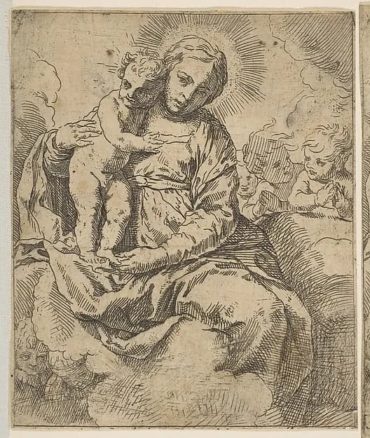 Madonna and Child seated on clouds and surrounded by angels, copy in reverse after Cantarini by Simone Cantarini depicting Luke 2