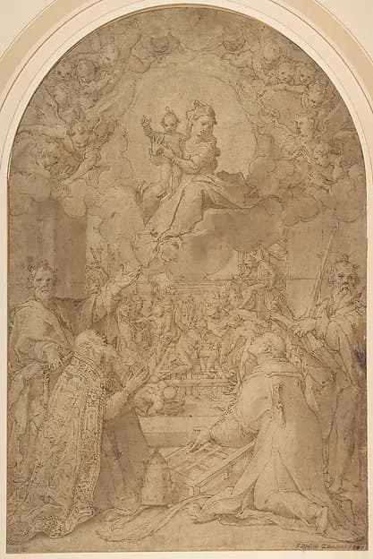 The Virgin and Child Appearing to Saint Peter, Saint Damasus, Saint Lawrence, and Saint Paul; the Martyrdom of Saint Lawrence in the Background by Federico Zuccaro (Zuccari) depicting Matthew 4