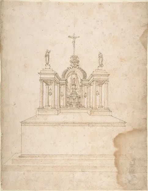 Design for a Tabernacle Surmounted by Christ on the Cross and Praying Figures (the Virgin and Saint John?) by Galeazzo Alessi depicting Exodus 25