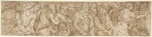 Procession (left-hand portion of border below Sacrifice of Isaac, inlaid-marble pavement, Siena Cathedral) by Domenico Beccafumi depicting Genesis 22