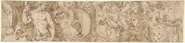 Procession (left-hand portion of border below Sacrifice of Isaac, inlaid-marble pavement, Siena Cathedral) by Domenico Beccafumi depicting Genesis 22