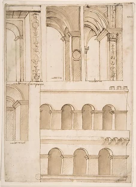 Architecture Study containing Details of One or Several Buildings (possibly part of the street-facing architecture of old Saint Peter's Square in Rome) by Anonymous, Italian, 16th century depicting Matthew 4
