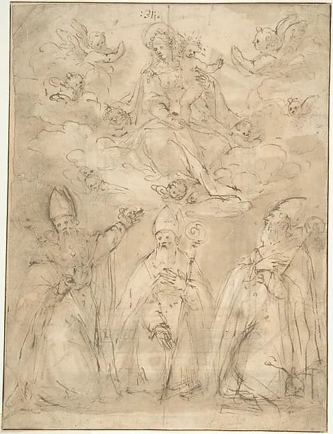 Virgin and Child Worshipped by Three Bishops by Anonymous, Italian, 16th century depicting Luke 2