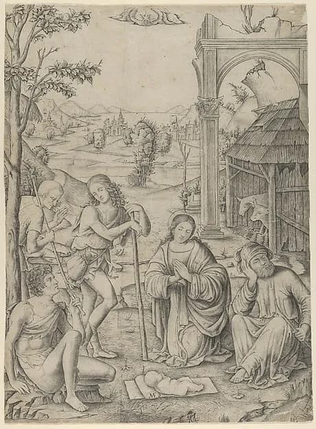 The Adoration of the Shepherds by Marcantonio Raimondi depicting Luke 2