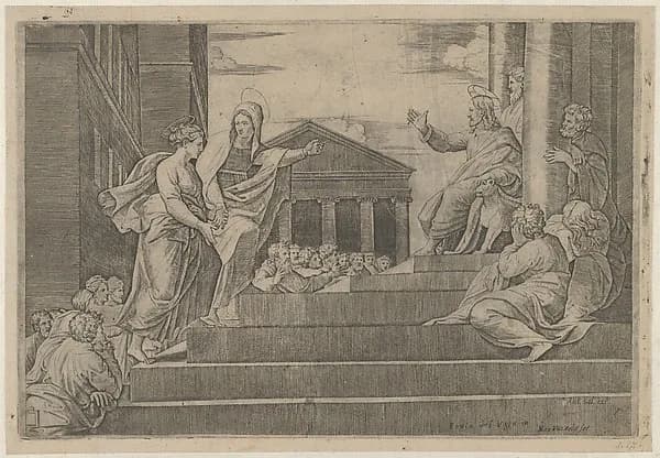 Martha leading Mary Magdalene up a flight of stairs to Christ who is seated at right at the entrance to a temple by Marcantonio Raimondi depicting John 1
