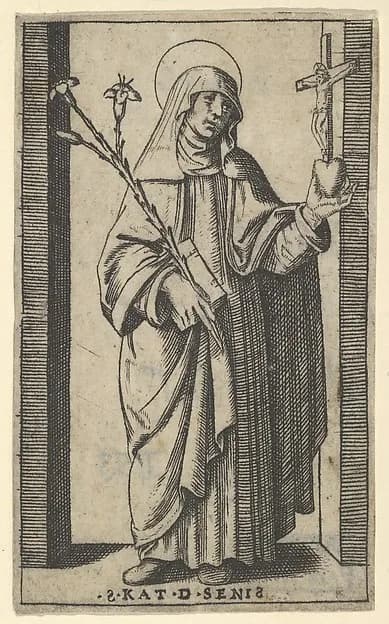 Saint Catherine of Siena standing holding flowers and book in her right hand, a heart and crucifix in her left, from "Piccoli Santi" (Small Saints) by Marcantonio Raimondi depicting Matthew 27