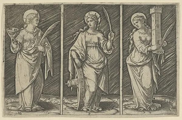 Saint Barbara (left), Saint Catherine, (center), Saint Lucy (right) by Marcantonio Raimondi depicting Romans 8