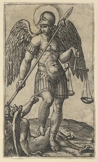 Saint Michael holding scales and a lance, a demon beneath him, from "Piccoli Santi" (Small Saints) by Marcantonio Raimondi depicting Revelation 12