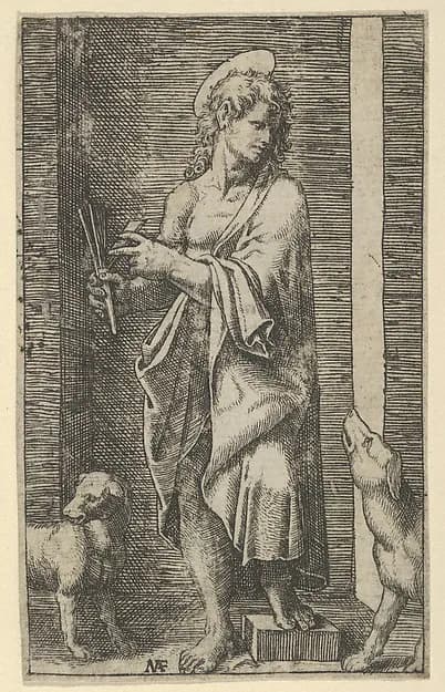 St Lazarus flanked by two dogs, from "Piccoli Santi" (Small Saints) by Marcantonio Raimondi depicting John 11