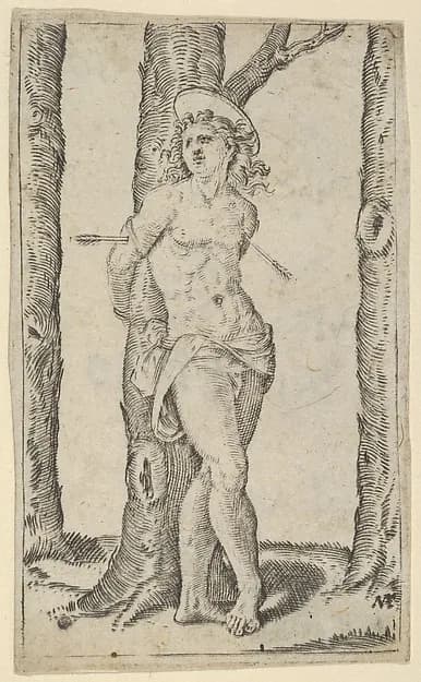 Saint Sebastian tied to tree pierced with arrows, from "Piccoli Santi" (Small Saints) by Marcantonio Raimondi depicting Romans 8