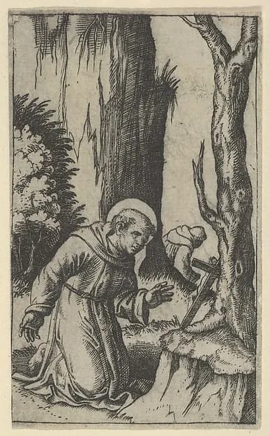Saint Francis of Assisi praying before a crucifix, from "Piccoli Santi" (Small Saints) by Marcantonio Raimondi depicting Matthew 5