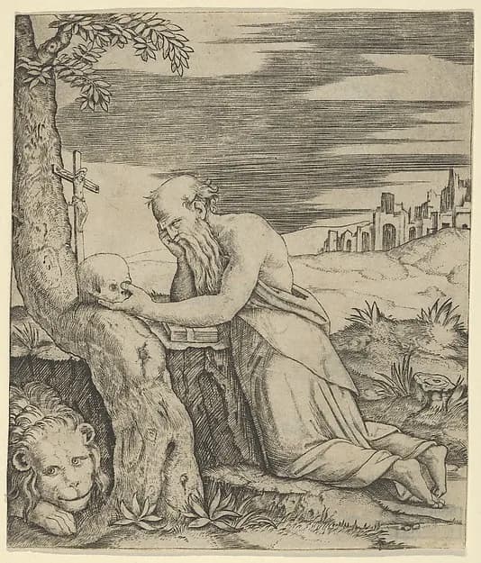 St Jerome kneeling before a crucifix, a skull in his left hand, a lion laying at the left by Marcantonio Raimondi depicting Matthew 27