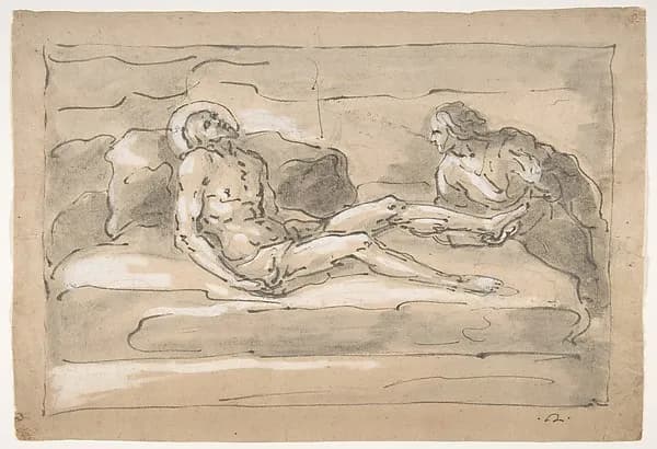 The Dead Christ Mourned by the Magdalen Who Venerates the Wounds on His Feet by Fortunato Duranti depicting John 1