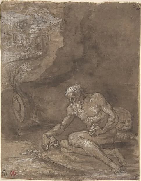 Saint Jerome Praying in a Landscape by Niccolò dell' Abate depicting Romans 8