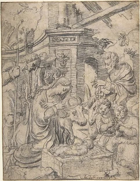 The Adoration of the Shepherds by Aertgen Claesz. van Leyden depicting Luke 2