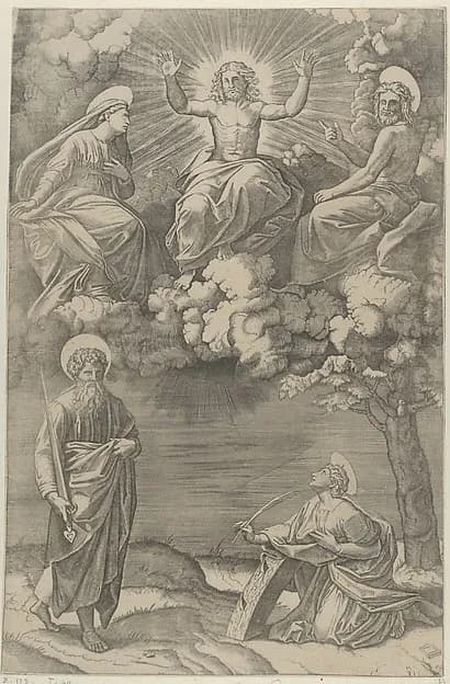 Christ flanked by the Virgin and St. John in the upper section, St. Paul and St. Catherine below by Marcantonio Raimondi depicting Romans 8