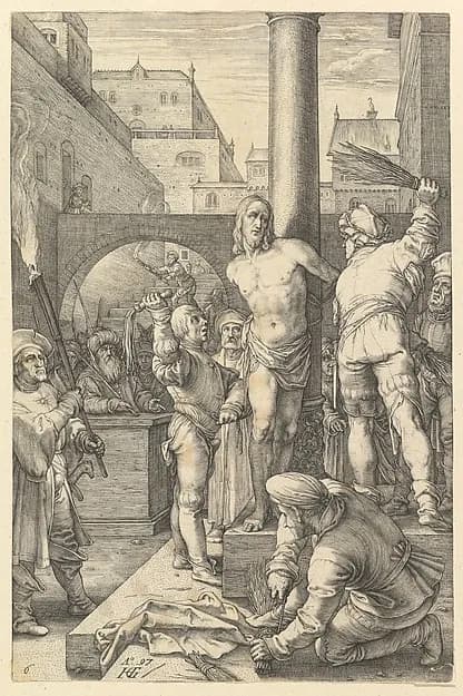 The Flagellation, from "The Passion of Christ" by Hendrick Goltzius depicting Matthew 27