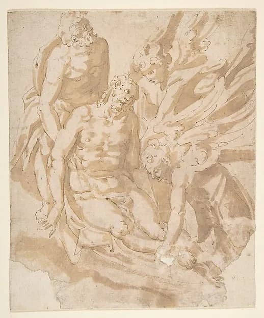 Design of Dead Christ Supported by Two Angels a Saint by Marco Marchetti (Marco da Faenza) depicting John 1