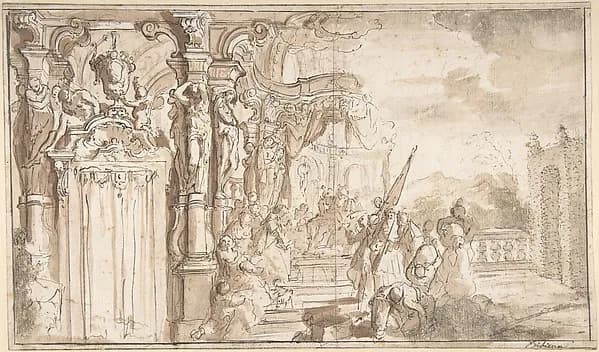 Design for a Stage Set: Solomon Receiving the Queen of Sheba under a Baldacchino, with Fantastical Architecture and a Gardenscape by Carlo Galli Bibiena depicting 1 Kings 10