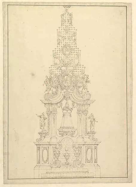 Elevation of a Catafalque: the Central Part Comprised of a Series of Steps to Top; with Statues and Central Cartouche with a Figural Scene: a Figure Kneeling before Virgin and Child (?) by Giuseppe Galli Bibiena depicting Luke 2