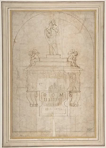 Design for a Wall Tomb or Monument (Recto); Smaller Variant Version with Half Length Madonna & Child on Crescent Moon (Verso) by Giovanni Francesco Penni depicting Luke 2