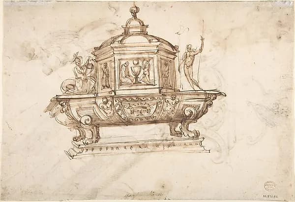 Design for a Liturgical Object with Statues of a Kneeling Saint and the Risen Christ (recto); Design for a Sepulcher (?) and Drawing of a Putto (verso) by Anonymous, Italian, 18th or early 19th century depicting John 1
