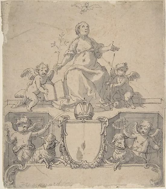 Cartouche with a Crown, the Virgin (?) and the Holy Ghost, and Four Putti by Johann Matthias Kager depicting Luke 1