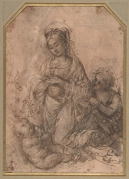 Virgin Adoring the Christ Child with Saint John the Baptist (recto); The Holy Family with Saint John the Baptist (verso) by Agnolo del Mazziere depicting Matthew 3