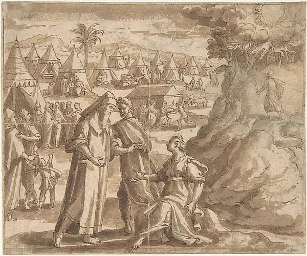 Aaron and Nadab Taking Leave of Elisheba (?), with the Israelites Camped before Mount Sinai and Moses Ascending the Mountain. by Adam van Noort depicting Exodus 20