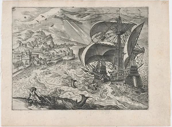 Landscape with a Ship and Jonah and the Whale by Lucas Gassel depicting Jonah 2