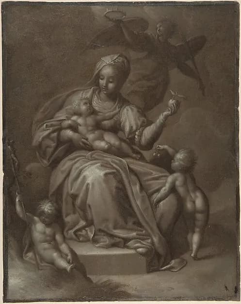 Virgin and Child, and Saint John the Baptist (recto); Summary sketches, possibly the Virgin and Child (verso) by Jacob de Backer depicting Matthew 3
