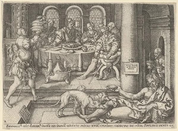 Lazarus at the Rich Man's Gate, from "The Parable of the Rich Man and Lazarus" by Heinrich Aldegrever depicting John 11