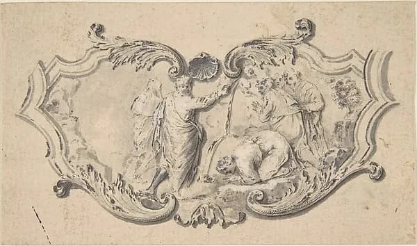 Cartouche with Moses Striking the Rock by Anonymous, French, 18th century depicting Exodus 2