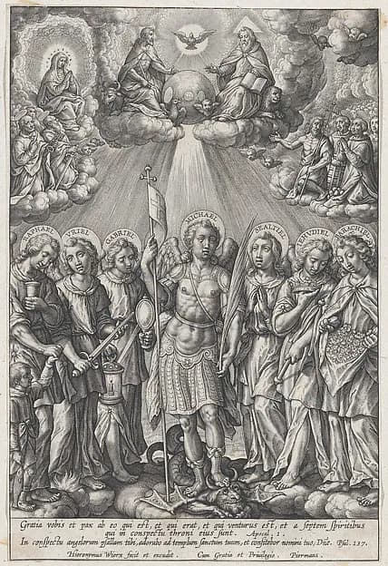 St. Michael and Archangels (The Seven Archangels) by Hieronymus (Jerome) Wierix depicting Revelation 12