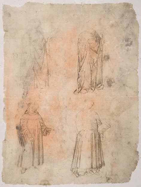 Four Saints (recto); Two Saints, Seated Madonna, and Kneeling Figure (verso) by Anonymous, Italian, probably Umbrian, 14th century depicting Luke 2
