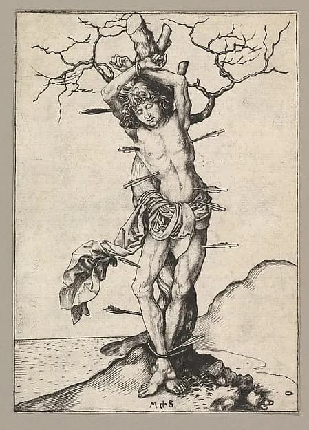 Saint Sebastian by Martin Schongauer depicting Romans 8