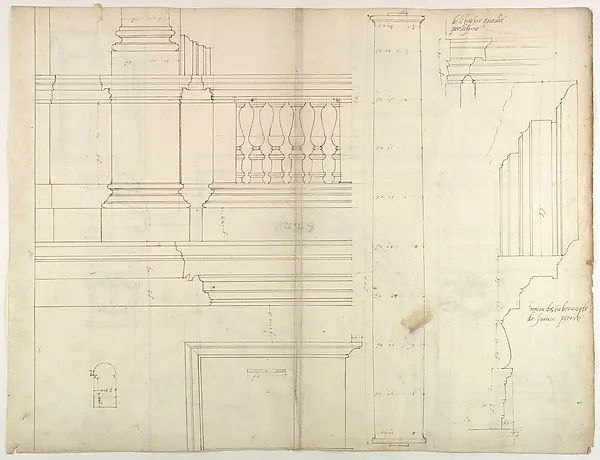 St. Peter's, exterior, tabernacle, elevation and section at base with details of pedestal and railing, (recto)
St. Peter's, exterior, tabernacle, elevation and section at arched opening (verso) by Anonymous, French, 16th century depicting Exodus 25
