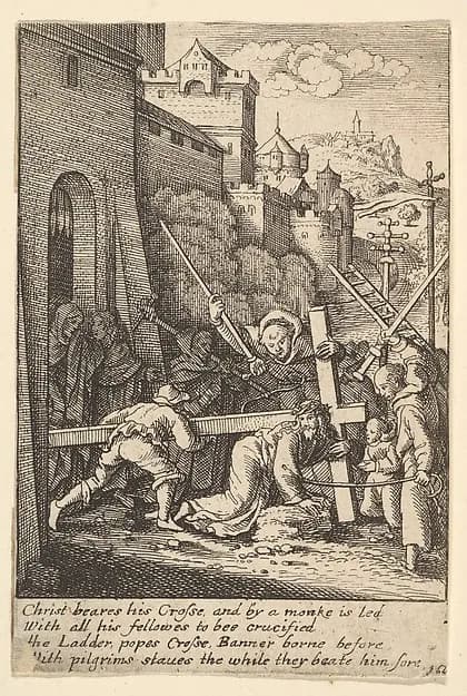 Carrying the cross by Wenceslaus Hollar depicting Mark 15