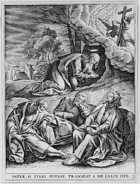 Christ Praying in the Garden on the Mount of Olives, from "The Passion of Christ (Passio Domni Nostri Jesu Christi)" by Hieronymus (Jerome) Wierix depicting John 1