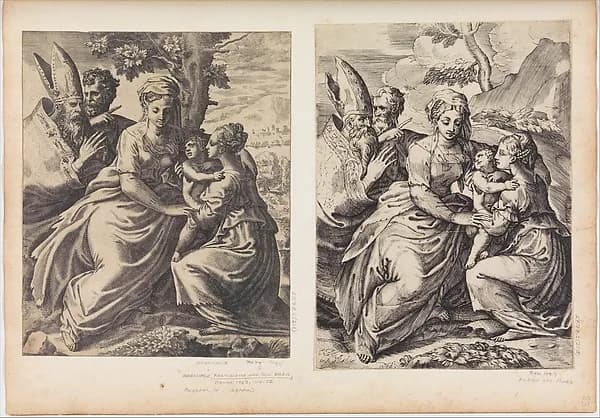 Madonna and Child [Madonna and Child with St. Catherine, St. Joseph and A Bishop] by Giulio Bonasone depicting Romans 8