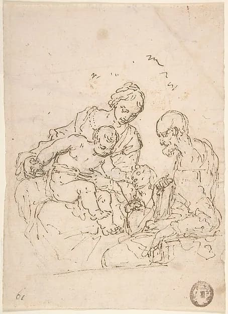 Holy Family with St. John the Baptist (recto); Study of a Foot (verso) by Anonymous, Italian, 17th century depicting Matthew 3