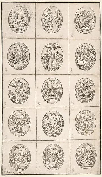 15 Oval Scenes From the Life of Christ and a Scene of a Saint Adoring the Holy Cross by Anonymous, Italian, 17th or 18th century depicting John 1