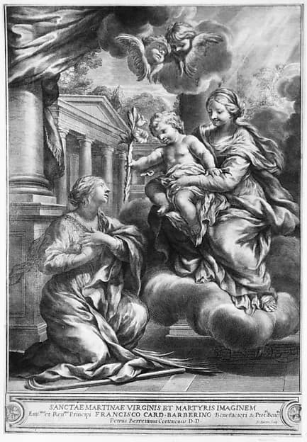 Saint Martina kneeling before the Virgin and Child, as the Child offers her a lily by François Spierre depicting Luke 2