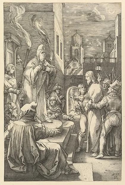 Christ before Caiphas, from "The Passion of Christ" by Hendrick Goltzius depicting John 1
