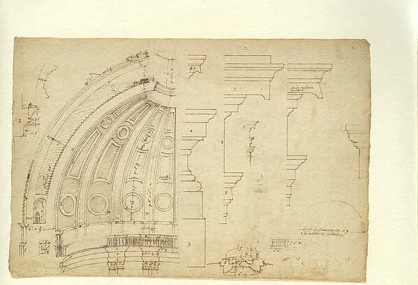 Half-Section of the Model of the Attic and Dome of Saint Peter's Basilica as Conceived by Michelangelo (recto); Detail Studies Relating to the Plan, Section, and Elevation of the Dome of Saint Peter's Basilica (verso). by Etienne DuPérac depicting Matthew 4