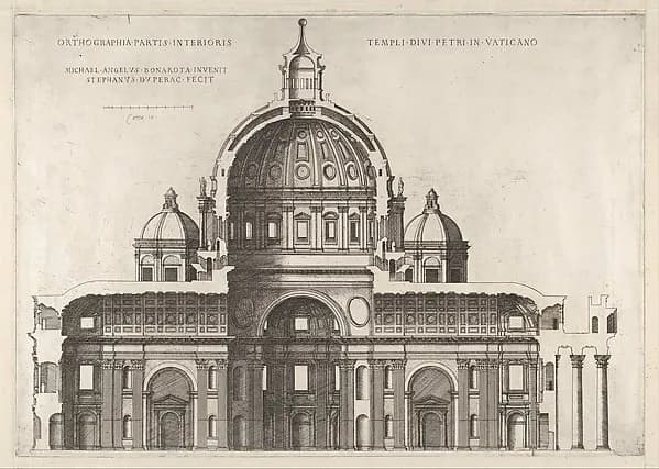 Longitudinal Section Showing the Interior of Saint Peter's Basilica as Conceived by Michelangelo (published in 1569), from "Speculum Romanae Magnificentiae" by Etienne DuPérac depicting Matthew 4