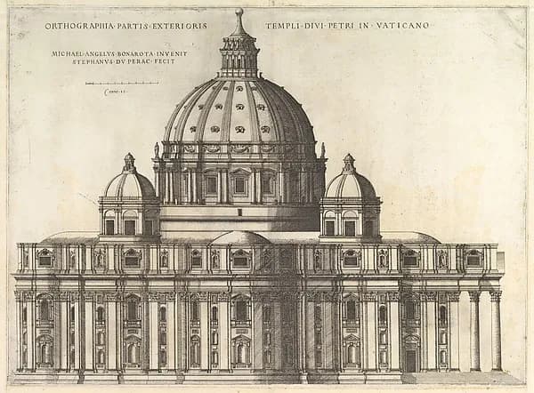 Elevation Showing the Exterior of Saint Peter's Basilica from the South as Conceived by Michelangelo (published in 1569), from "Speculum Romanae Magnificentiae" by Etienne DuPérac depicting Matthew 4