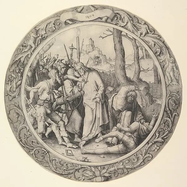 The Betrayal of Christ, (Christ Taken Captive), from the Circular Passion by Lucas van Leyden depicting Matthew 26